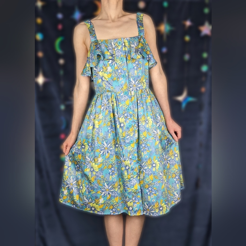 ModCloth Floral Ruffle Cotton Fit & Flare Sleeveless Midi Sundress (US 4)